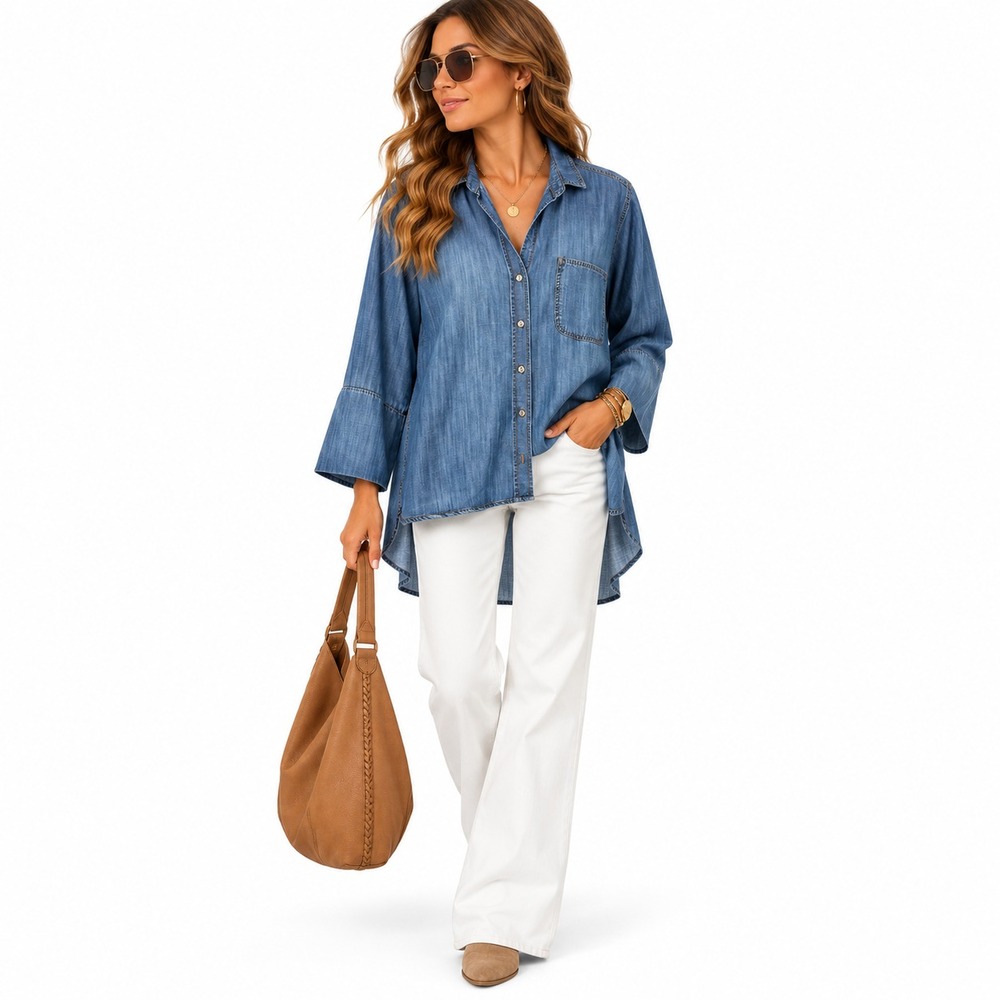 Cloth & Stone Womens L Chambray Shirt Bell Sleeve High Low Button Down Boho